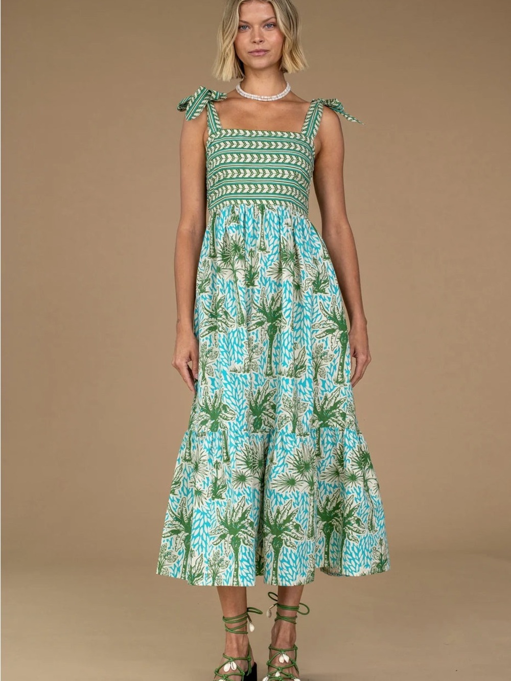 Olivia James The Label Doe Island Palm Luxury Cotton Smocked Midi Dress Size Med